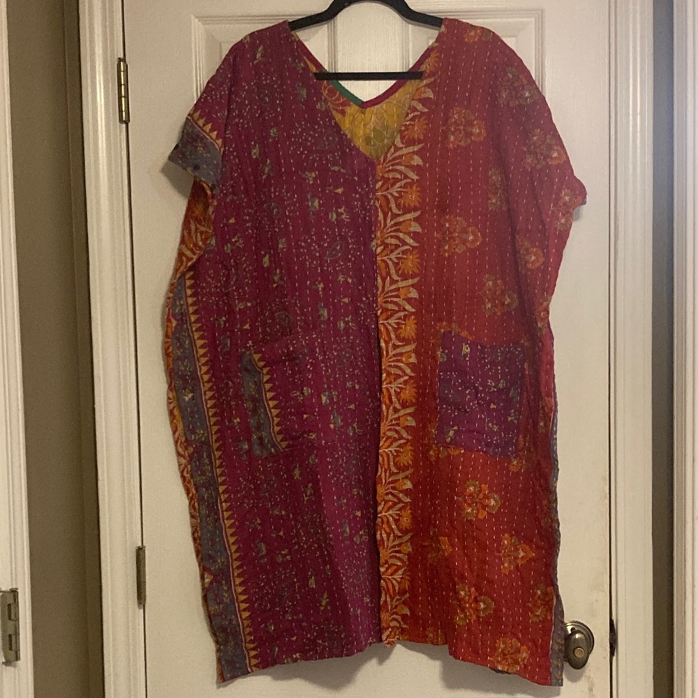 Bohemian V-Neck Patchwork Tunic in Red and Orange